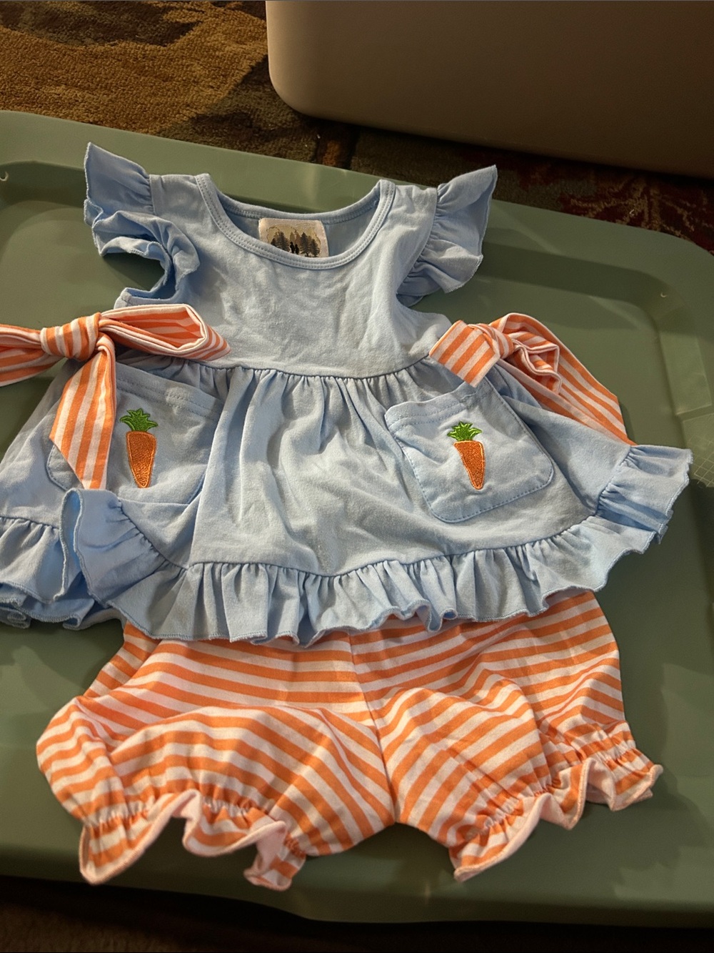 Grace Light Blue Ruffle Top with Orange Striped Bow Shorts Set